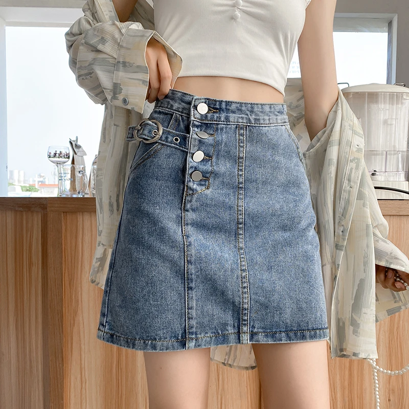 Ailegogo New Summer Women Streetwear Retro Blue High Waist Denim Skirts Casual Female A-line Single Breasted Lady Jeans Skirt pencil skirt