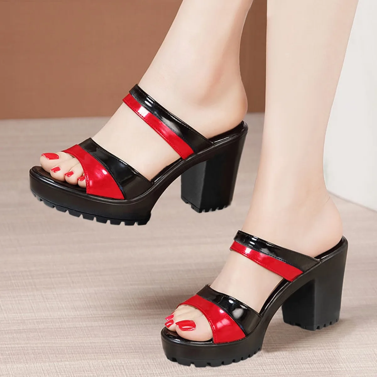 

Женские босоножки на толстом каблуке, открытый носок, обувь на высоком каблуке, римские сандалии, разные цвета, красные, черные