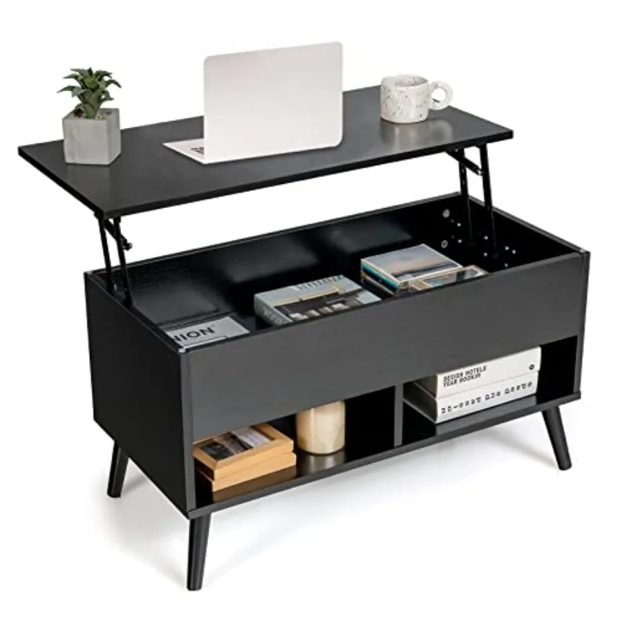 Lift Top Coffee Table Wooden Lift Tabletop Dining Table with Hidden Storage and 2 Open Shelves Metal Hydraulic Lifting Device 4