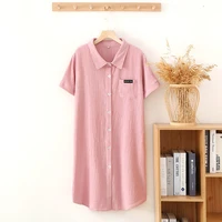 2026 New Summer Sleeping Dress 100% Cotton Crepe Short Sleeve Skirt Shirt Dress Women's Button Long Dress Home Casual Dress