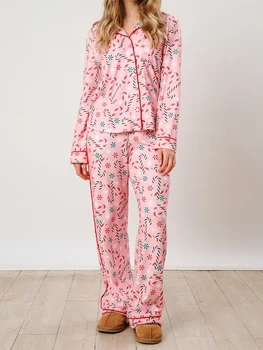 Women s 2 Piece Lounge Set Long Sleeve Reindeer Christmas Tree Print Shirt Flared Pants Pajama Sets for Sleepwear 1