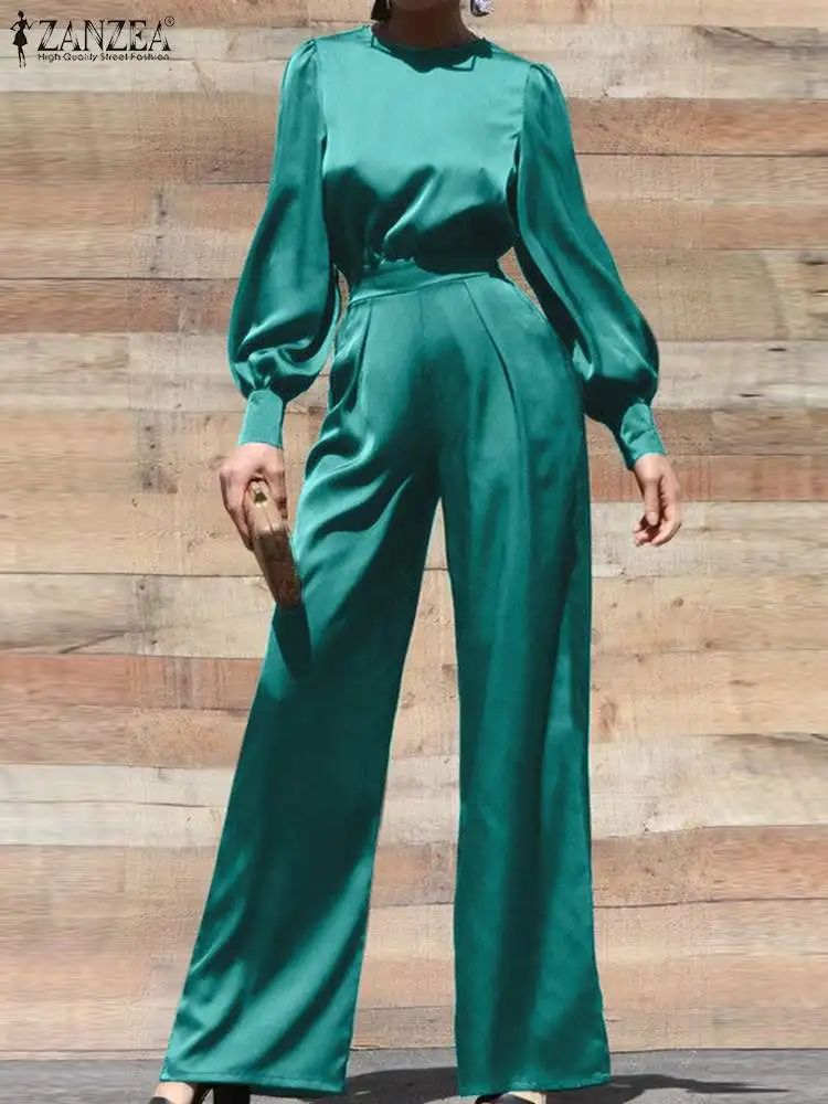 ZANZEA Wide Leg Pant Satin Silk Jumpsuits Women Fashion Long Puff Sleeve Cinched Waist Overalls Elegant   O-neck Long Playsuits