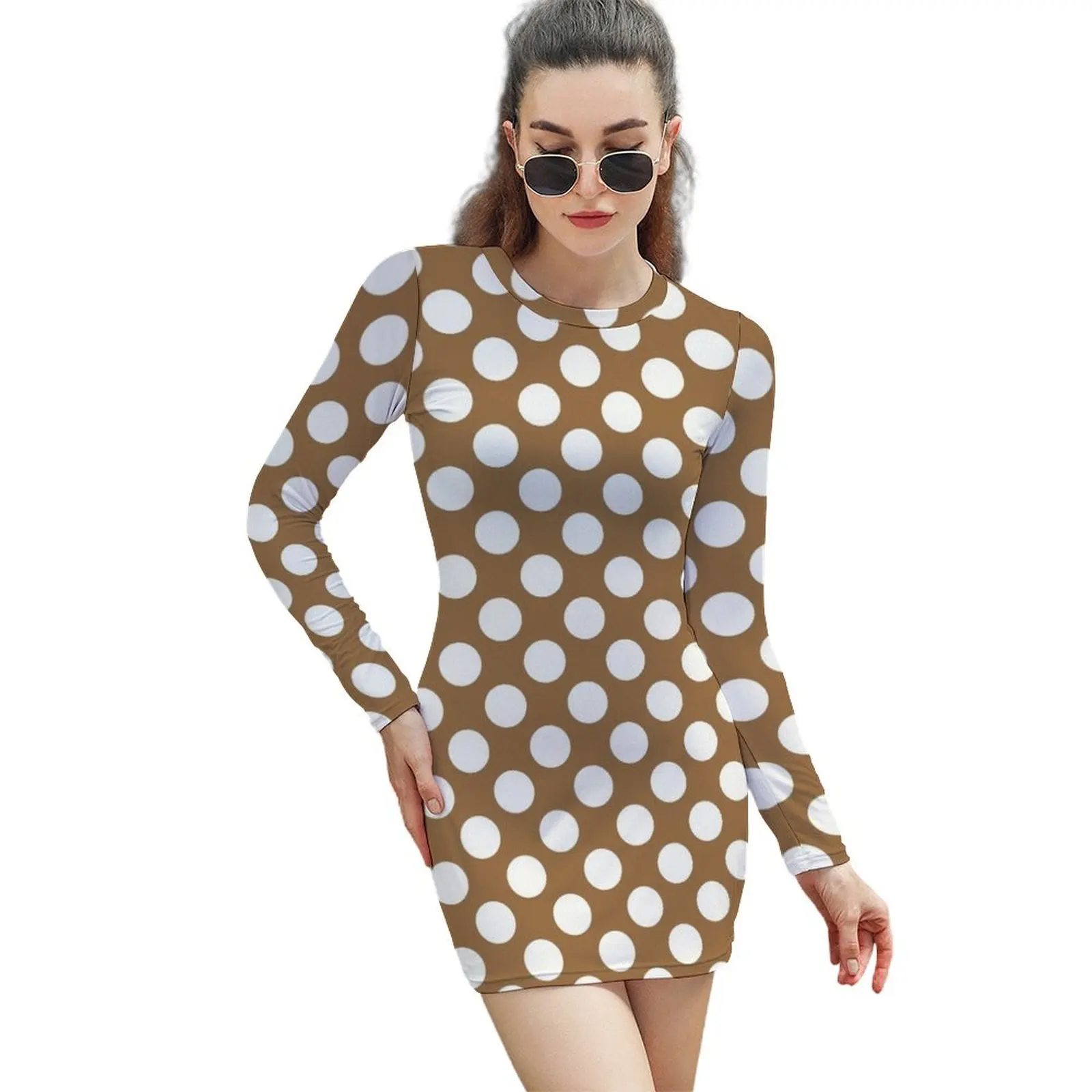 Brown and white dots pattern Long-Sleeved Sheath Dress festival outfit women ceremony dresses