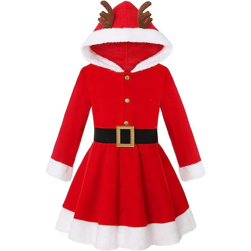 

Kid Girls Christmas Claus Cosplay Costume Long Sleeve Fleece Elk Hooded Performance Dress Belt Xmas Eve New Year Party Gift