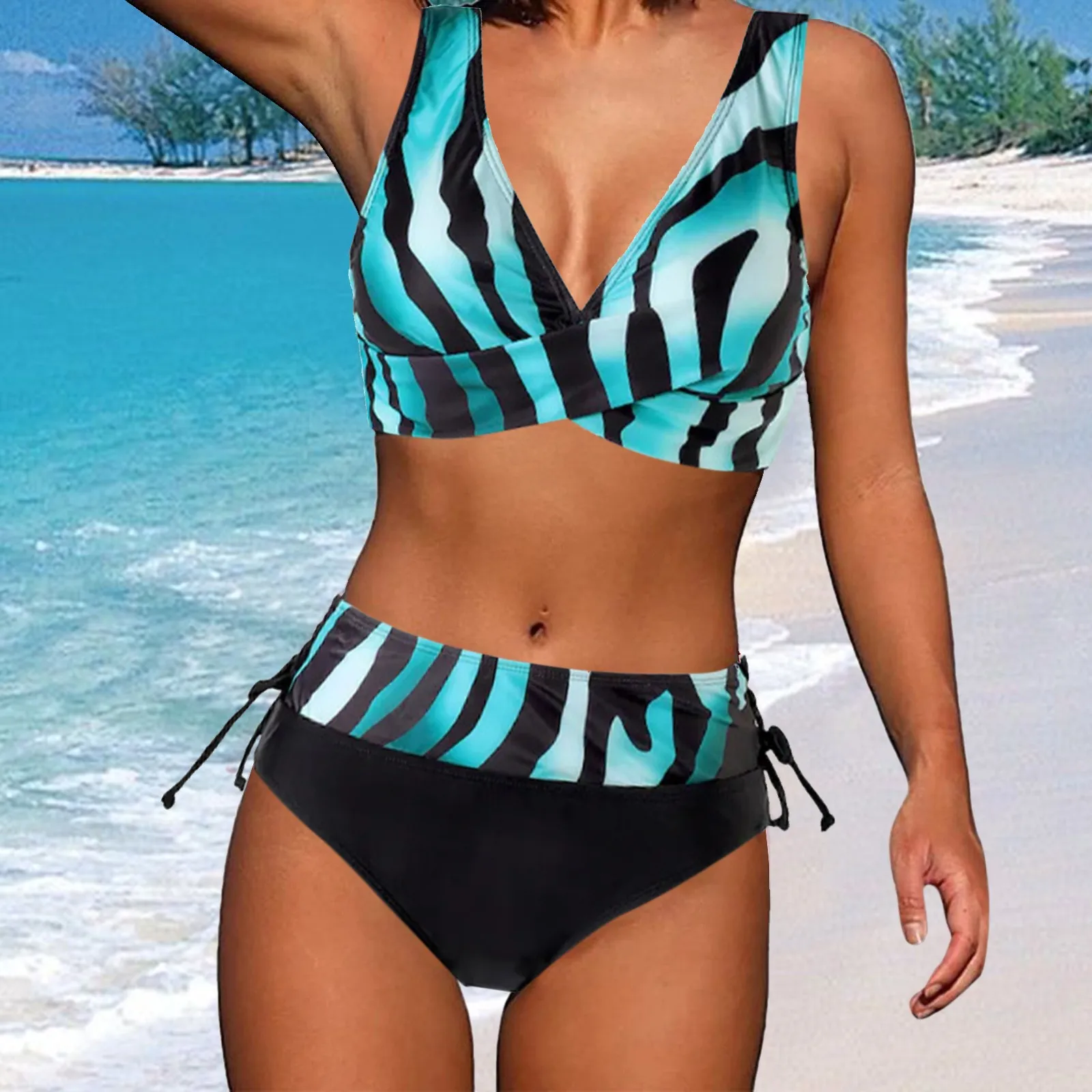 

Women Two Pieces Zebra Print Swimsuit Bikini Set Push Up Bra Mid-Waist Swimwear Sexy Bathing Suit Beachwear Brazilian Tankini