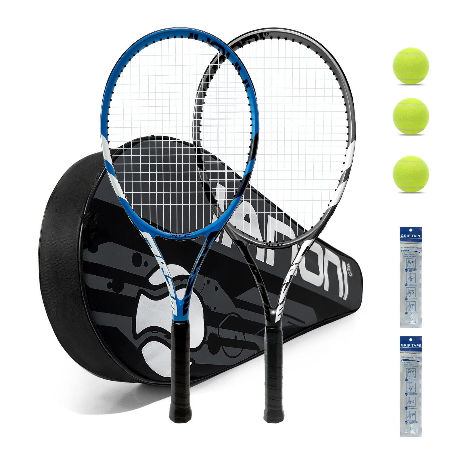 Tennis Rackets for Adults Pre-Strung 27 Inch Tennis Racquets 2 Player Racket Set with 3 Balls 2 Grips 2 Vibration Damper