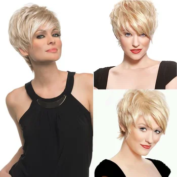 Peluca corta de cabello real con flequillo hecha a máquina para mujer 1