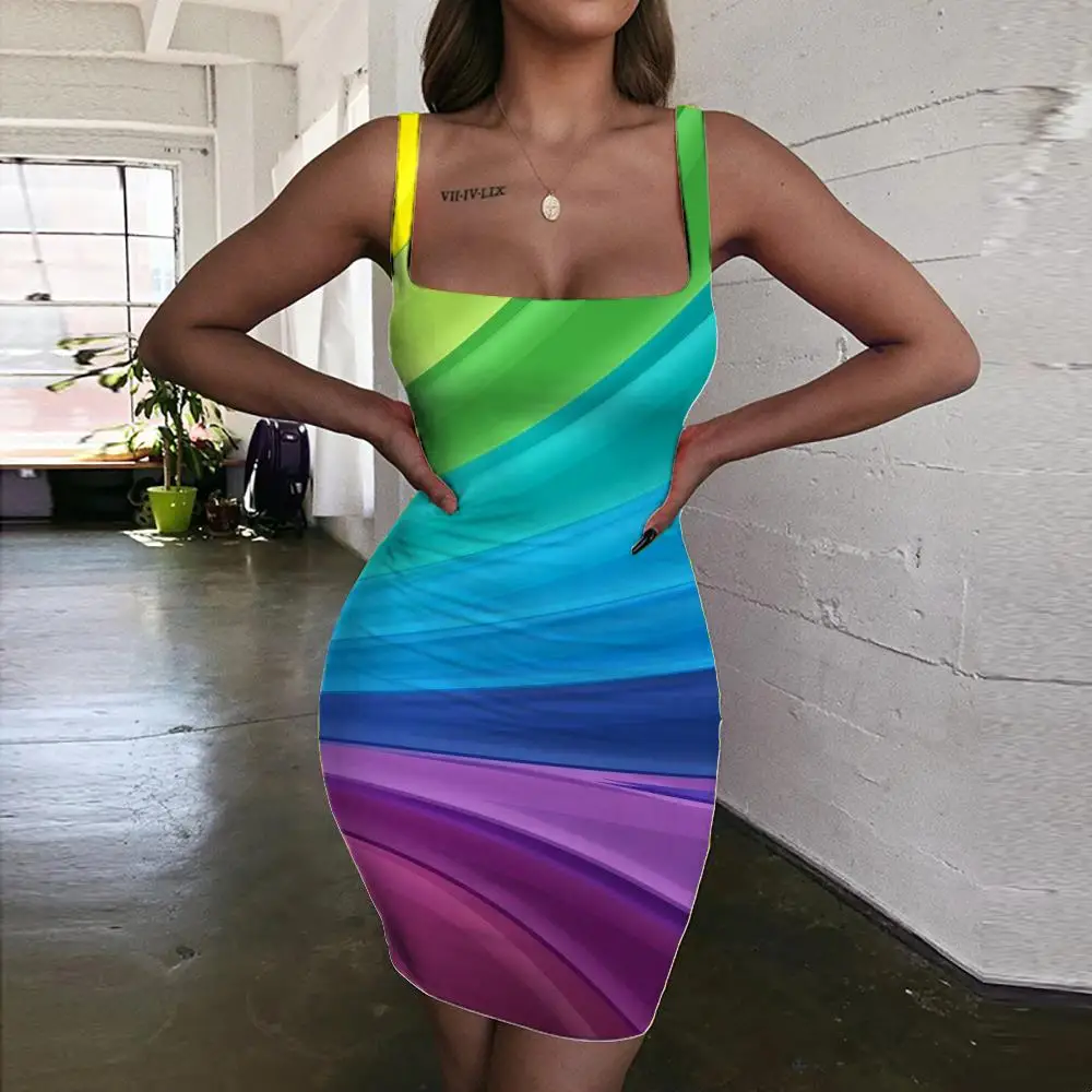 

SOMEPET Rainbow Dress Women Rainbow Abstraction 3d Print Funny Vestido Sexy Swirl Sundress Abstract Ladies Dresses