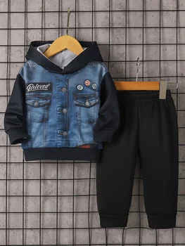 Toddler Boy's Spring and Autumn Outfit: Denim Printed Hoodie + Black Cuffed Pants, Trendy Fake Two-Piece Set for Boys 1