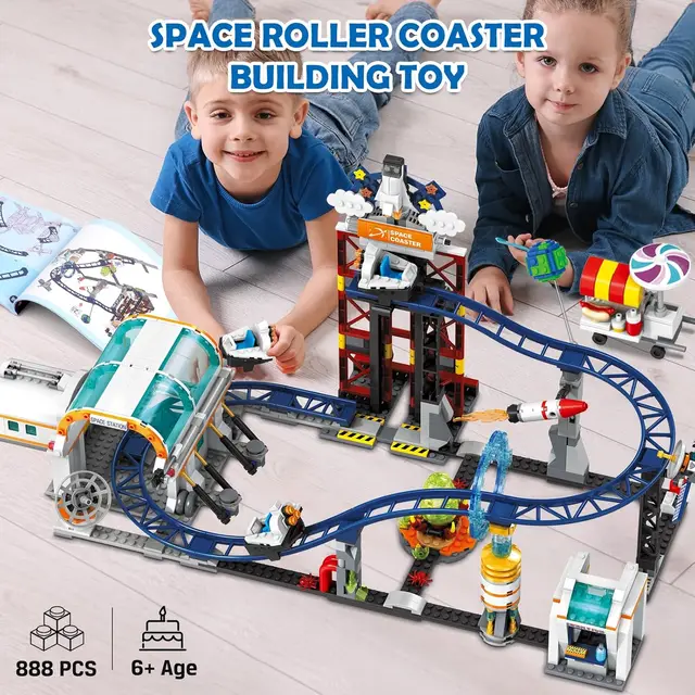 HOGOKIDS Space Roller Coaster Building Toy-888PCS Building Set Features Lift Platform, Satellites, Rocket Buildable  Park
