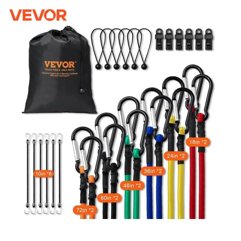 VEVOR 30pcs Elastic Bungee Cords Assortment with A3 Steel Hooks Adjustable Lashing Luggage Rope Motorbike Cargo Fixing Belt