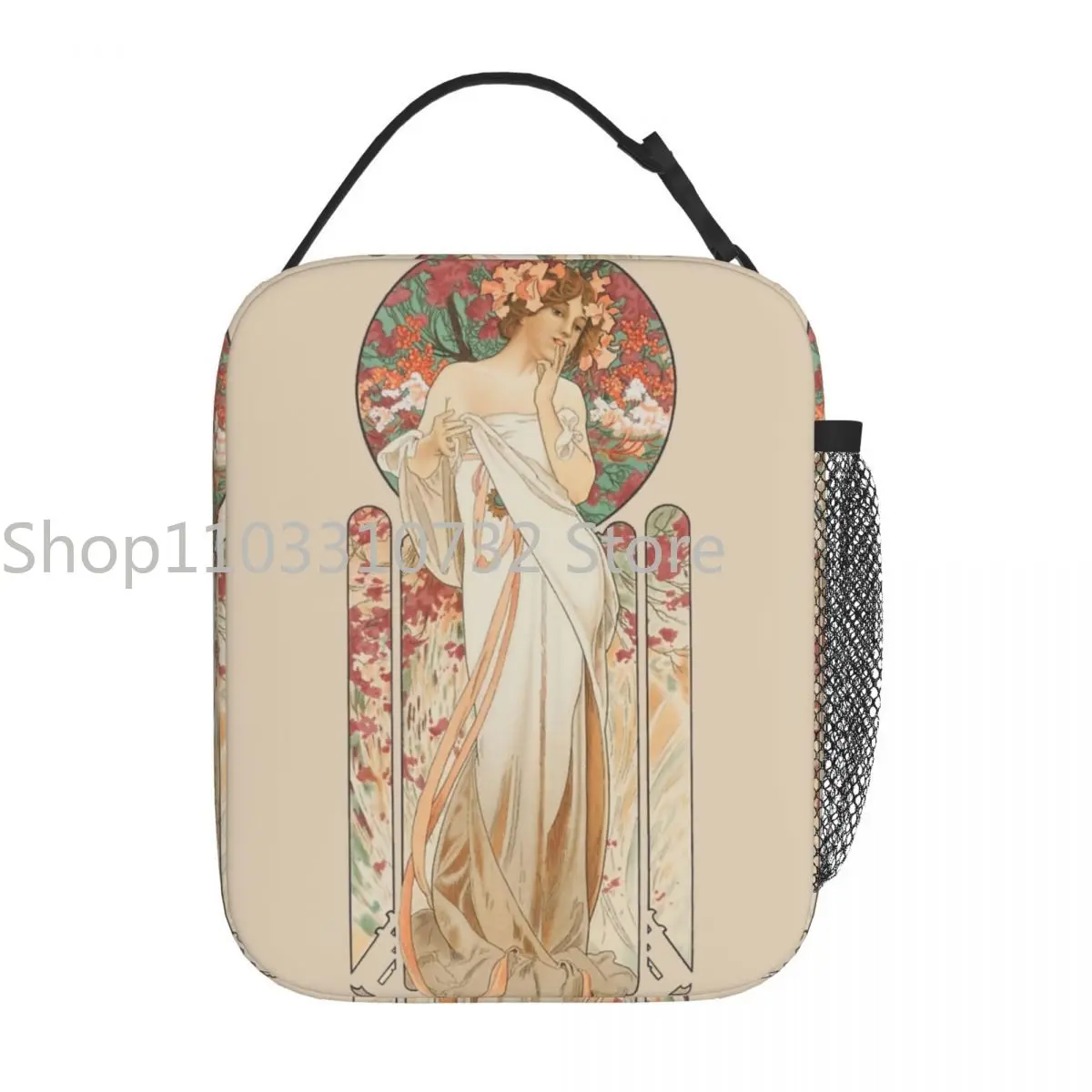 

Alphonse Mucha Illustration Of Flowery Woman Thermal Insulated Lunch Bag for Travel Portable Bento Box Thermal Cooler Food Box