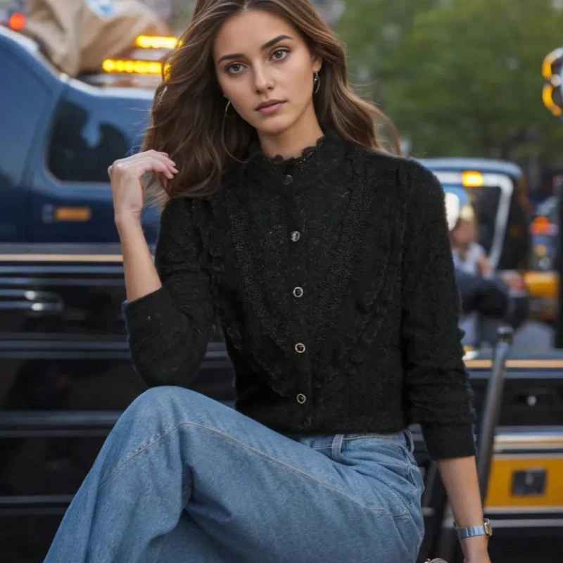 Spring and Autumn New Fashionable Women's Elegant Lace Lace Long Sleeve Shirt Half High Collar Button Casual Top