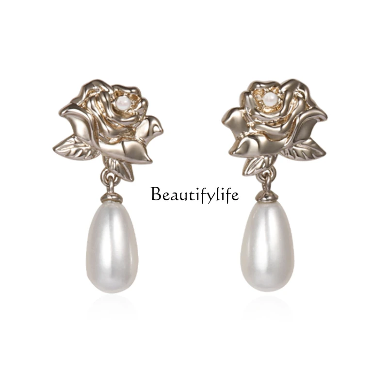 

Rose Series Female Earrings Exquisite Elegant High-End Imitation Pearl Auricular Needle Niche