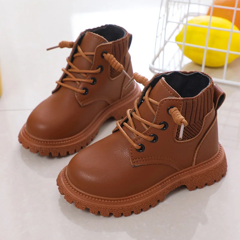 Children Sports Shoes Children Fashion Casual Shoes Autumn Lace Up Boots Girls Boys Leather Soft Antislip Boots Solid Color Breathable Shoe 21-30