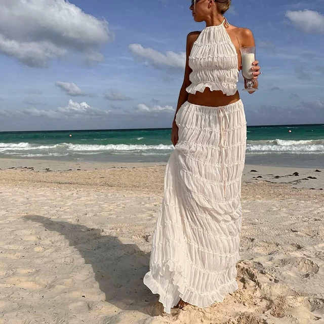 Women Boho Sexy Backless Matching Suit 2 Piece Beach Holiday Outfits Vintage Ruched Halter Cami Tops + Maxi Long Skirt Party 2