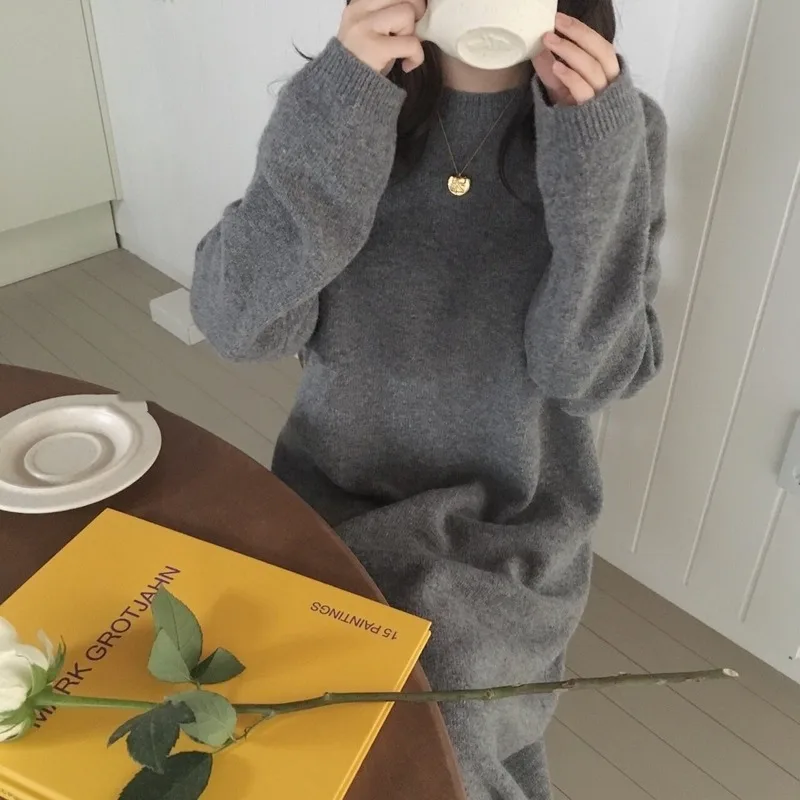 

Warm Sweater Ladies Autumn and Winter Thick Knitted Pullover Sweater Casual Dress Long Loose Oversized Ladies O-Neck Dress Robe