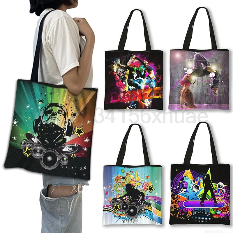 

Hot Hip Hop Dancing Print Shoulder Bag Jazz Dance Totes Bags Women Large Capacity Reusable Handbag Canvas Shopper Bags Gift