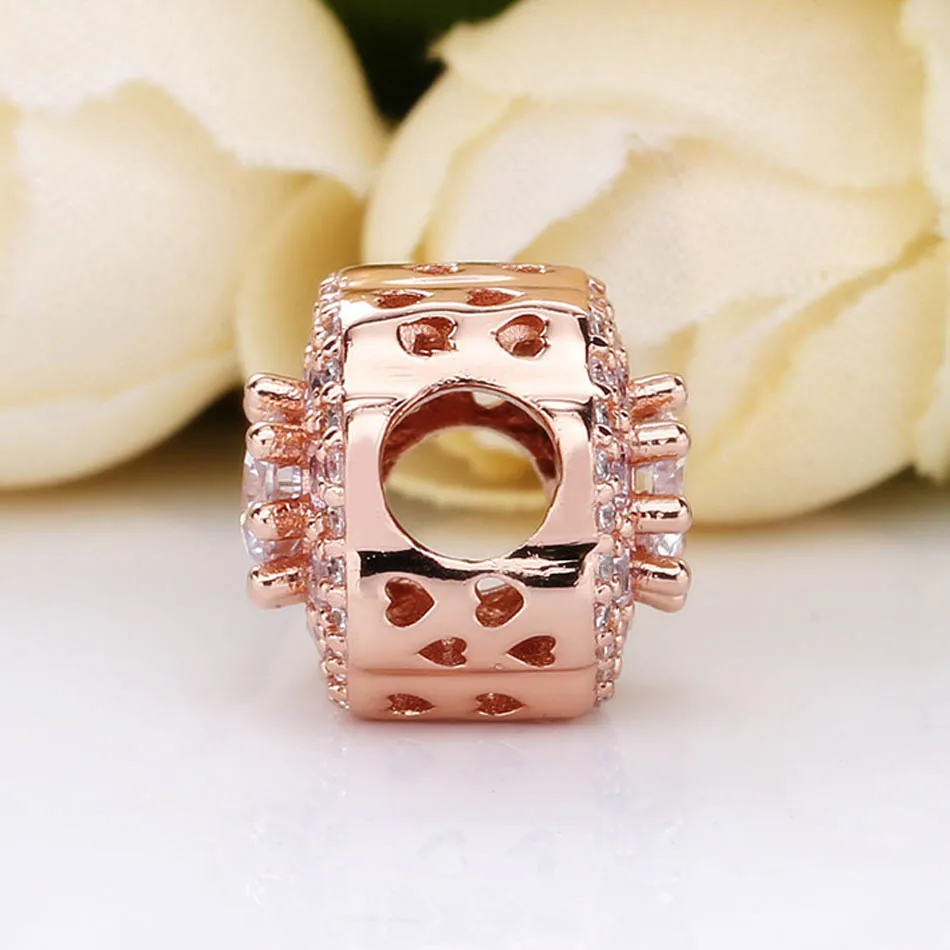 Cuori radianti traforati originali in oro rosa con perline di cristallo adatti a gioielli fai da te con perline in argento Sterling 925