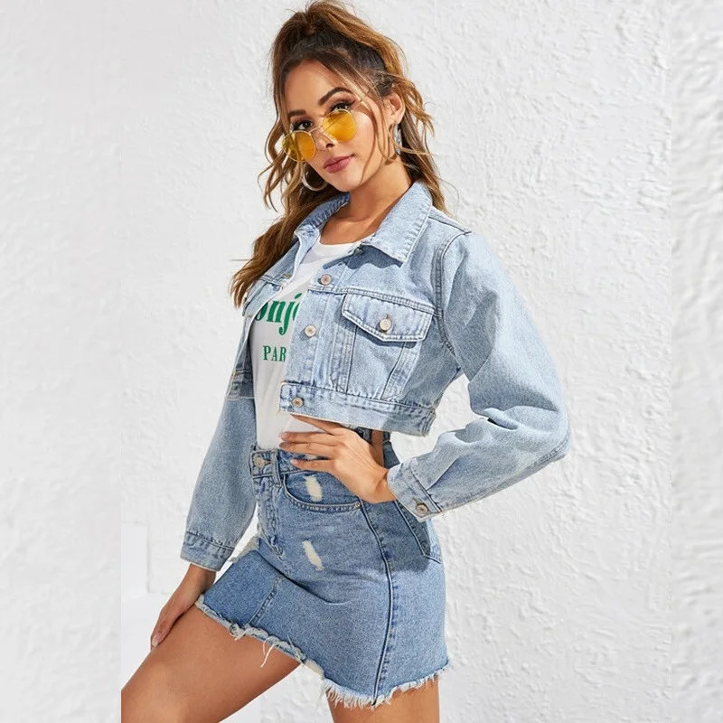 Women's denim jacket - fashionable lapel, ultra short, washed blue jacket, high-quality