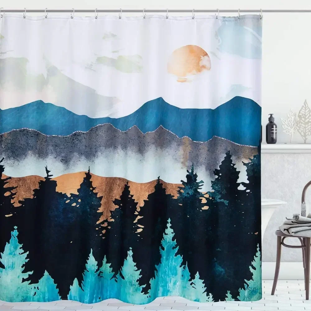 

Abstract Mountain Forest Shower Curtain Nature Scenery Mid Century Colorful Art Print Blue Teal Fabric Decor Bathroom Curtains
