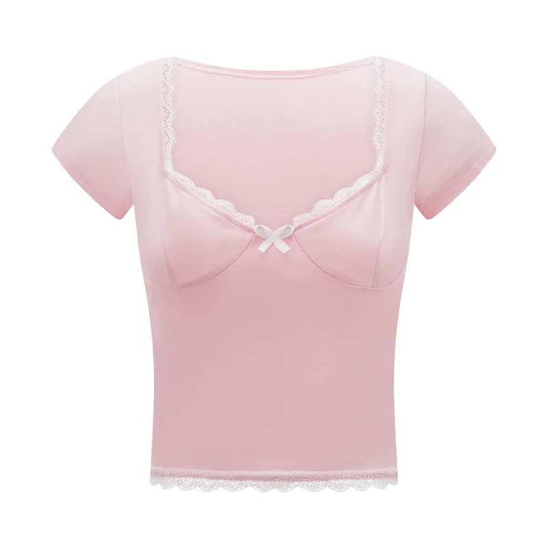 y2k Lace Trim Crop Top Women Sweetheart Neck Short Sleeve T Shirt with Bow Coquette Aesthetic Clothes 2000s Streetwear