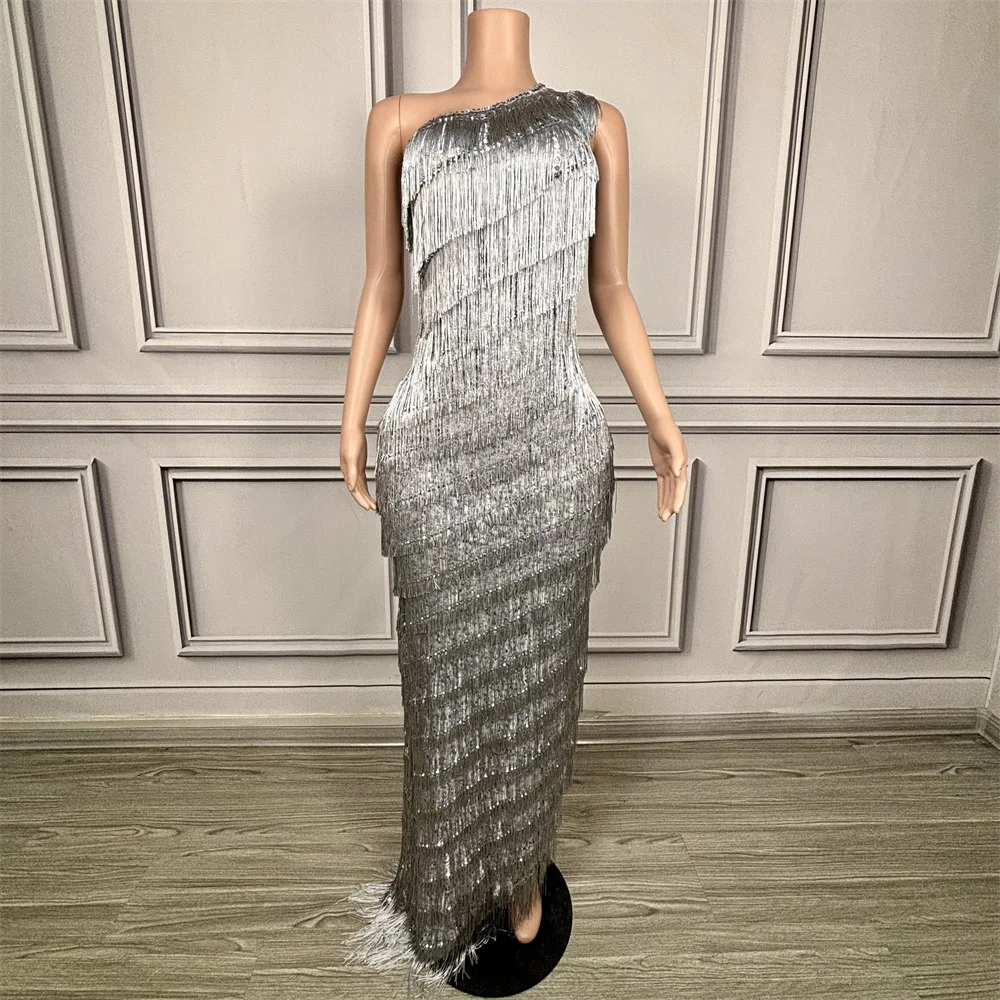

Sparkly Sliver Tassels One Shoulder Stretch Long Dress Women Sexy Evening Party Birthday Wear Club Stage Performance Costume