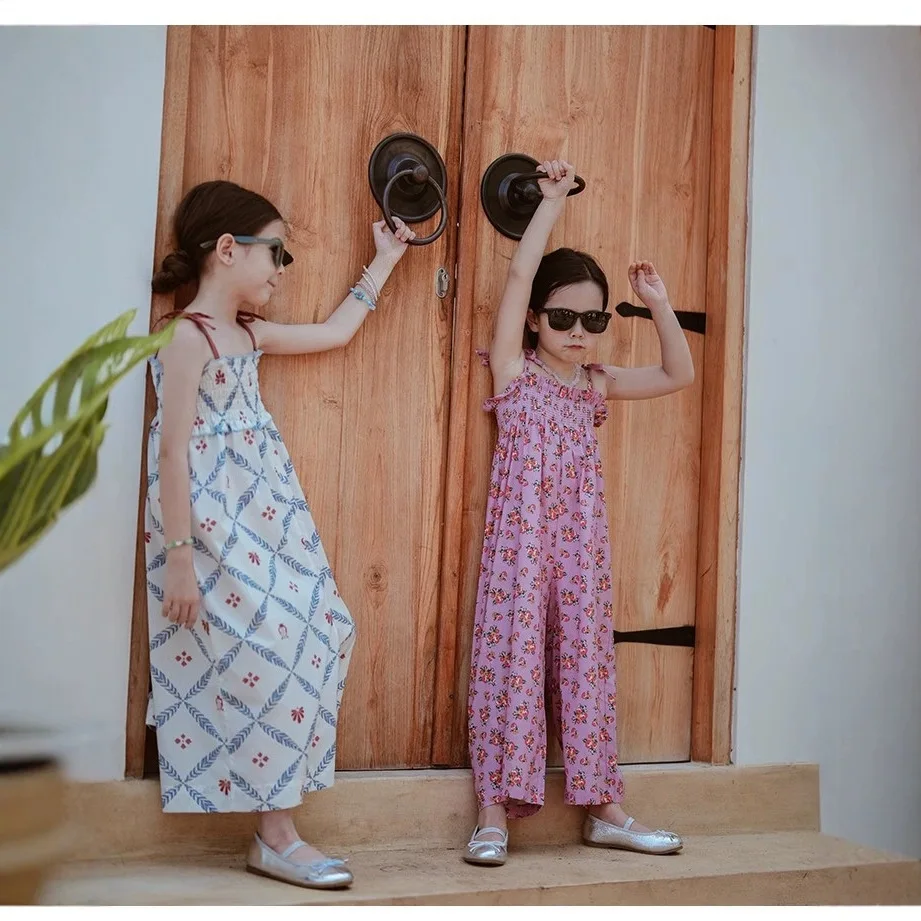 Summer Girls' Retro Floral Suspender Jumpsuit Suspender Loose Wide Leg Pants European and American Style Children Kids Rompers - Image 3