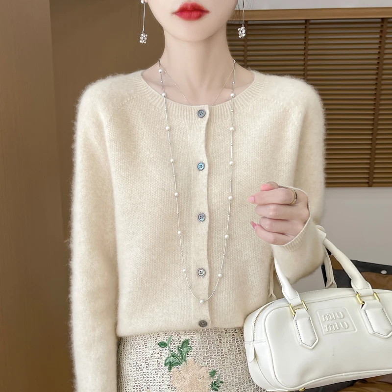 100%Merino Wool Cardigan Women's Round Neck Casual High-Quality AutumnWinter Solid Color Jacket Knit Basic Sweater Pure Wool Top 4