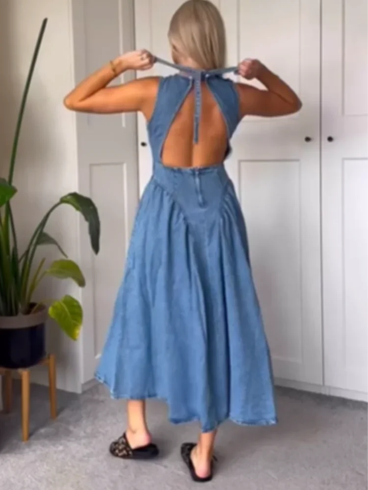 JIAYAN Elegant Backless Blue Denim Dress Women Fashion O Neck High Waist  Sleeveless A Line Maxi Vestidos 2025 Spring Long Robes - AliExpress  200000345