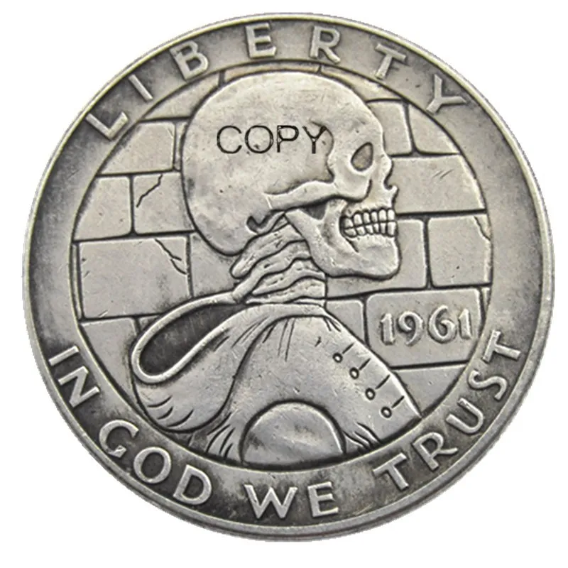 Fk(04) Hobo Creative 1961 Mf Silver Half Dollar Skull Zombie Skeleton Intagliato A Mano Copia Monete