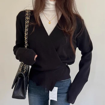 한국 세련된 가을 복고풍 기질 크로스 V-neck 원 버튼 디자인 캐주얼 올 매치 긴 소매 니트 스웨터 여성