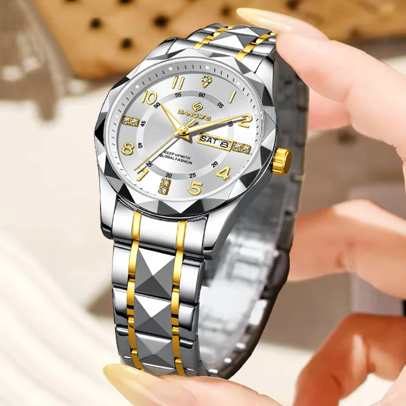 New Original BANGWEI Diamond Watch For Women Simple Round Stainless Steel Waterproof Ladies Watches Luminous Quartz Chronograph