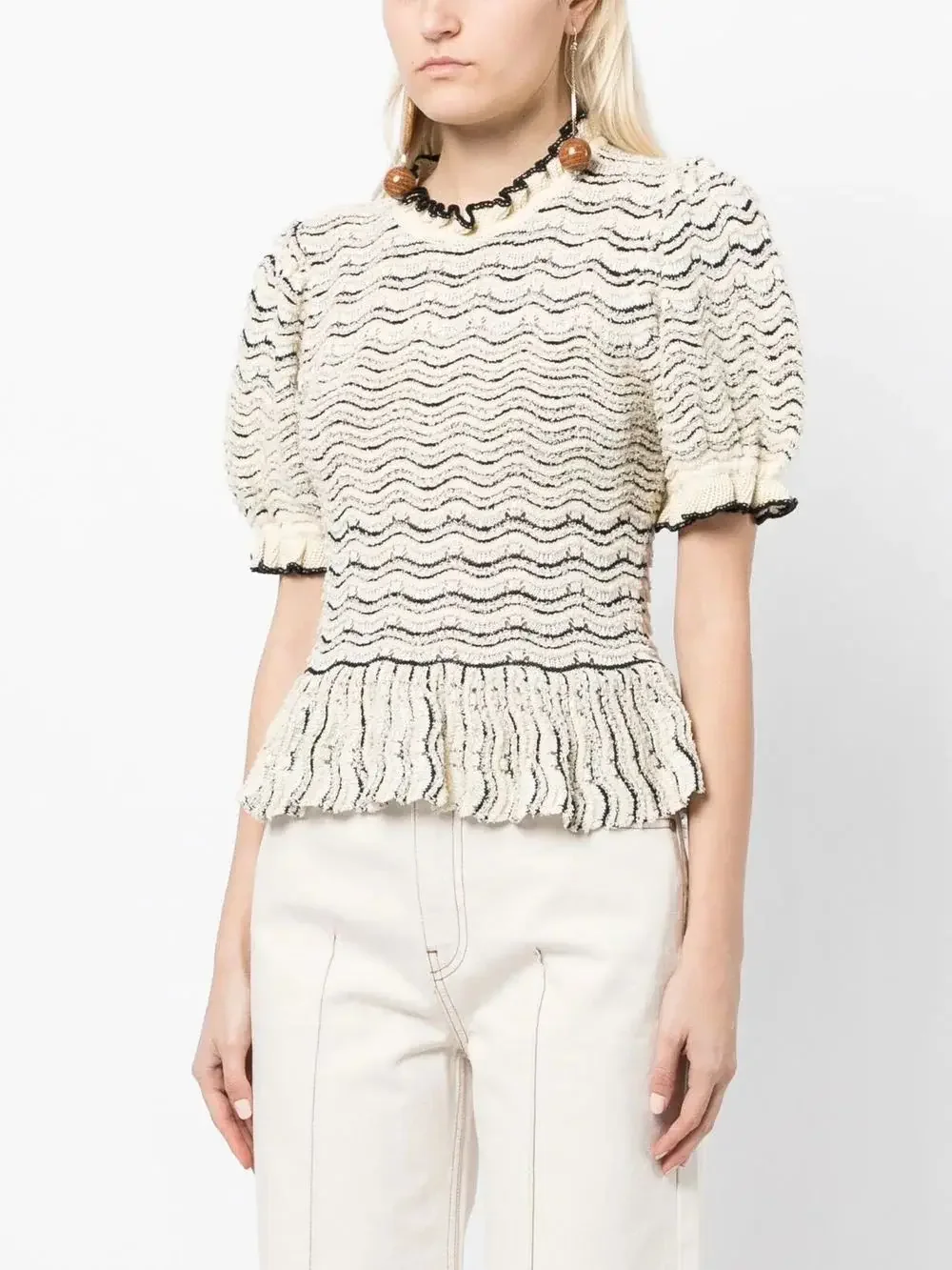 

Women's Knit Sweater 2023 New Summer Stripes Ruffles Slim Vintage Short Puff Sleee Pullover