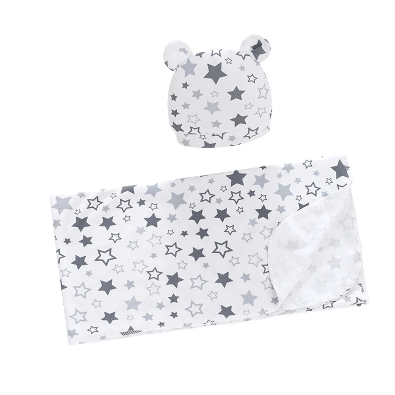 2 Pcs  수신 담요 모자 세트 꽃 인쇄 Sleepsack Swaddle 포장 귀여운 귀 모자 Turban Headwrap