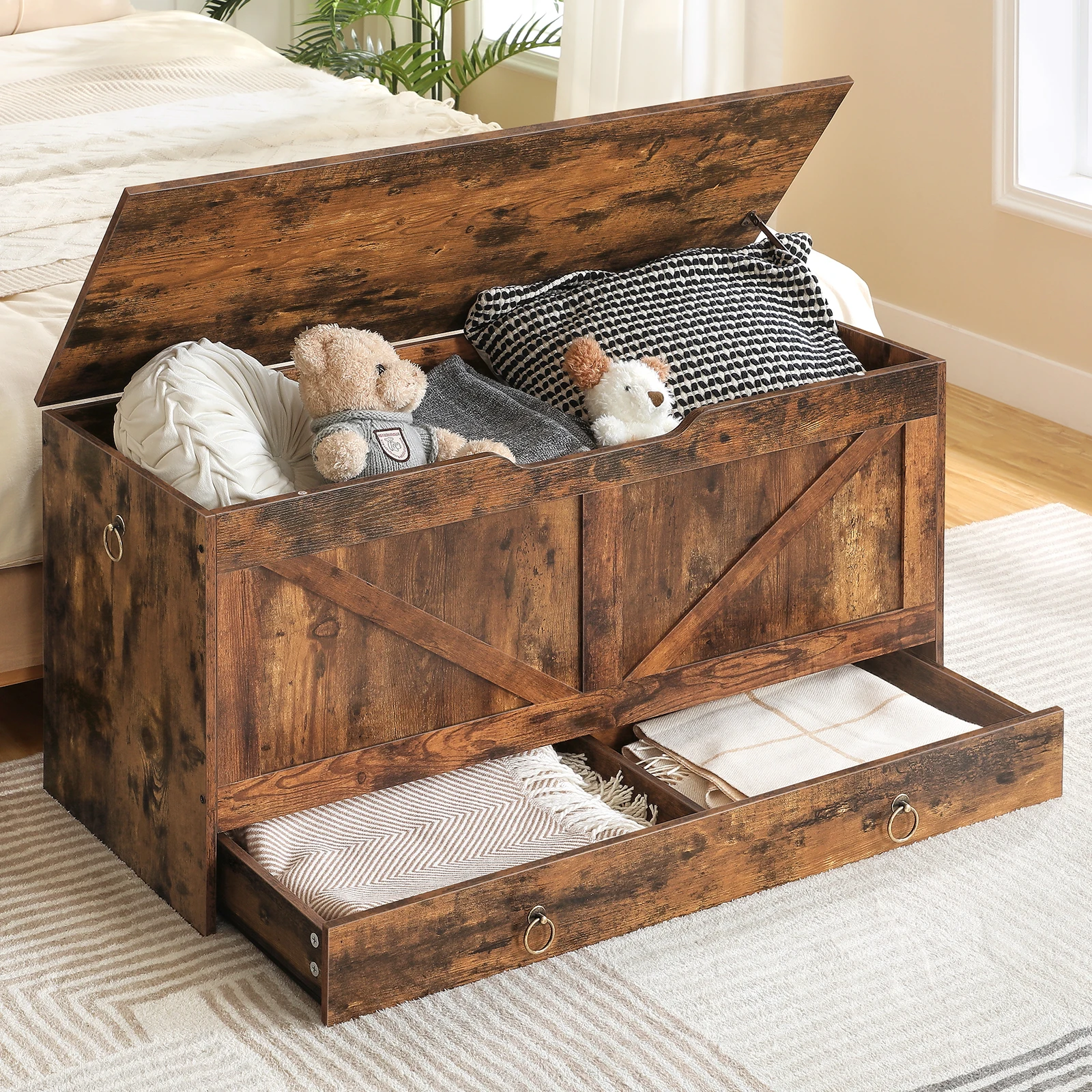Storage Chest, 39.3" Toy Chest with Drawer, Wooden Storage Bench, Sturdy Entryway Bench Supports 220 lb, Shoe Bench, Safety Hing