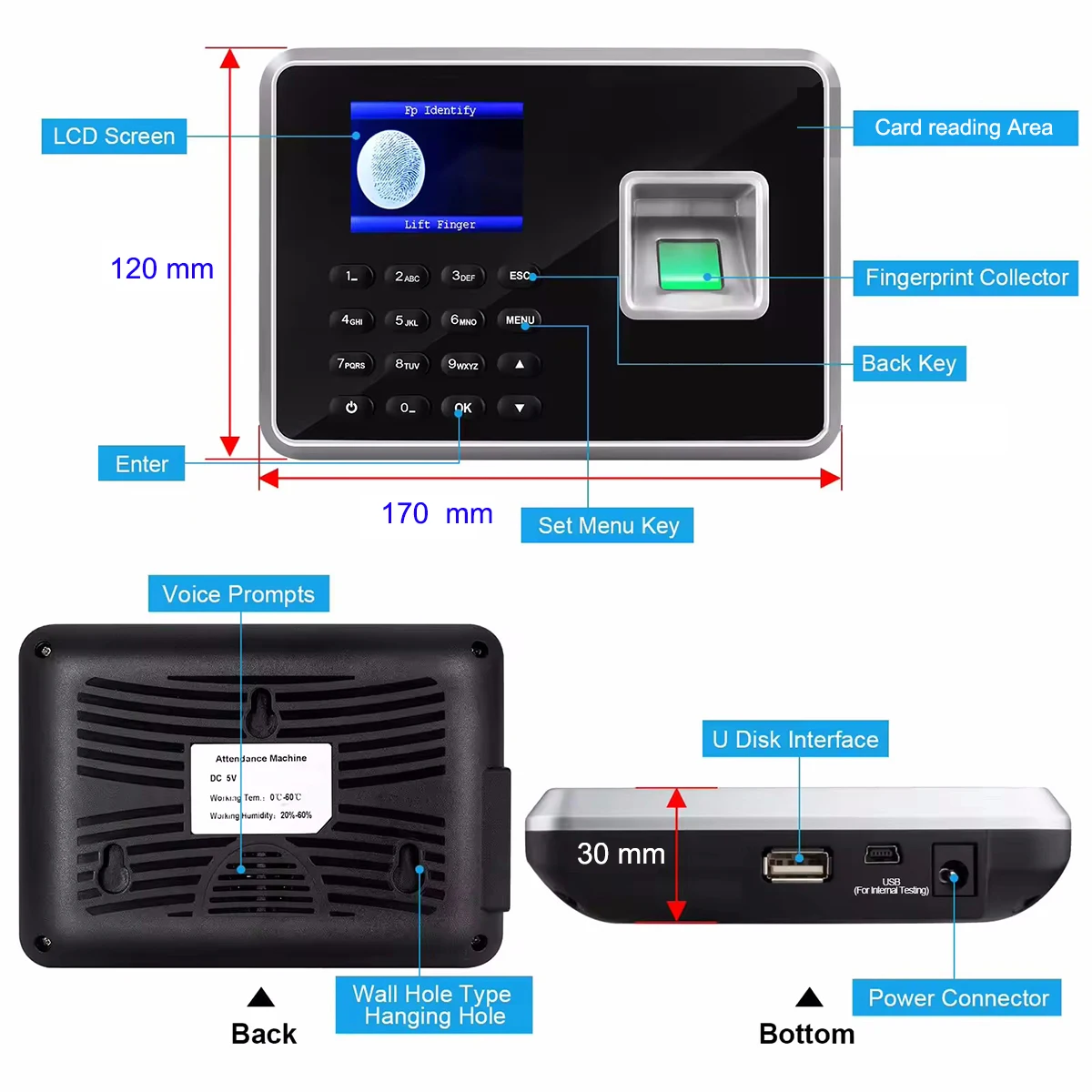 Back up Battery SSR Fingerprint Time Attendance Clock Machine Card and Biometric Employee Electric Clocking Tracking Device