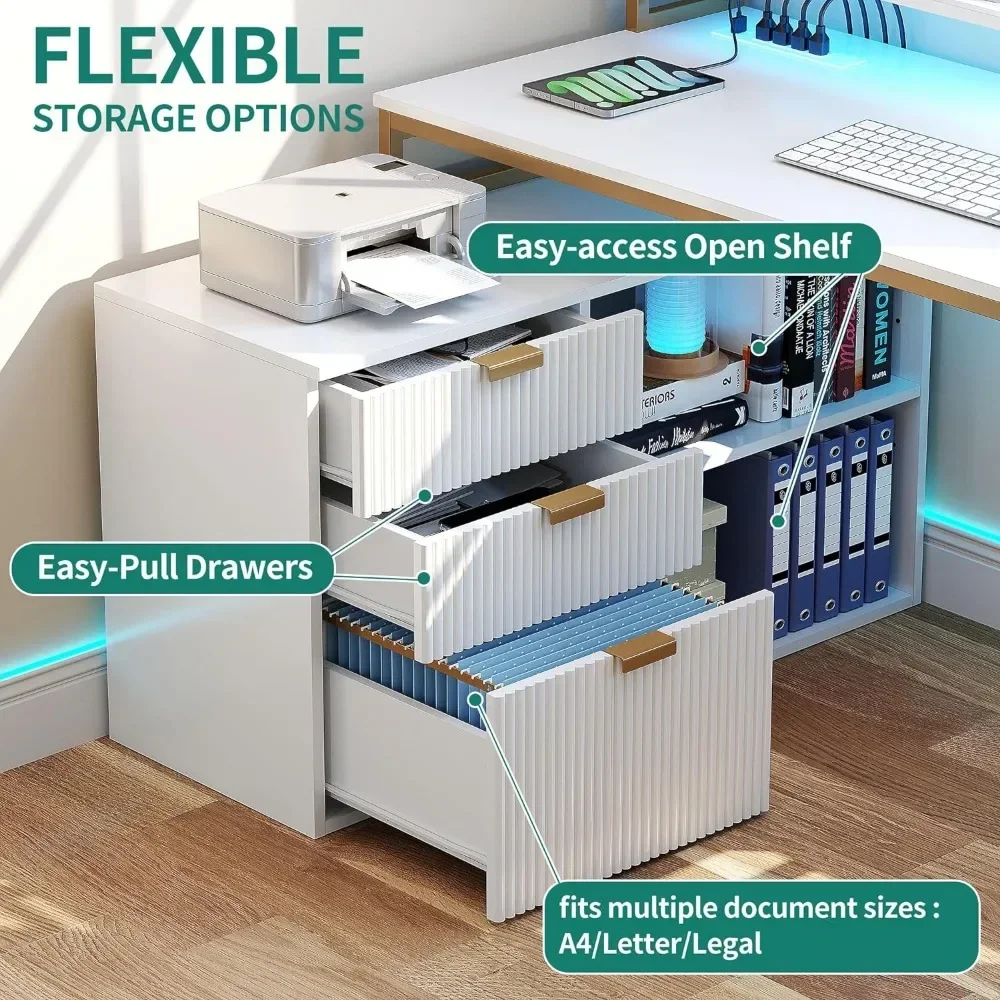 Computer Desks, with File Cabinet & Power Outlets, 55" Computer Desk with Drawers, Corner Desk Office Desk with LED Light 5