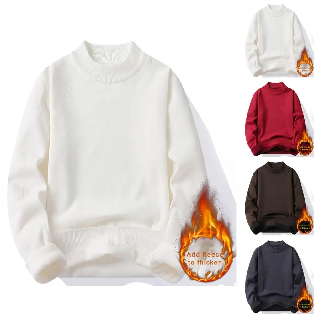 

Men Polyester Sweater Thick Knitted Men's Fall Winter Sweater with Half-high Collar Warm Long Sleeve Loose Fit Solid for Elastic