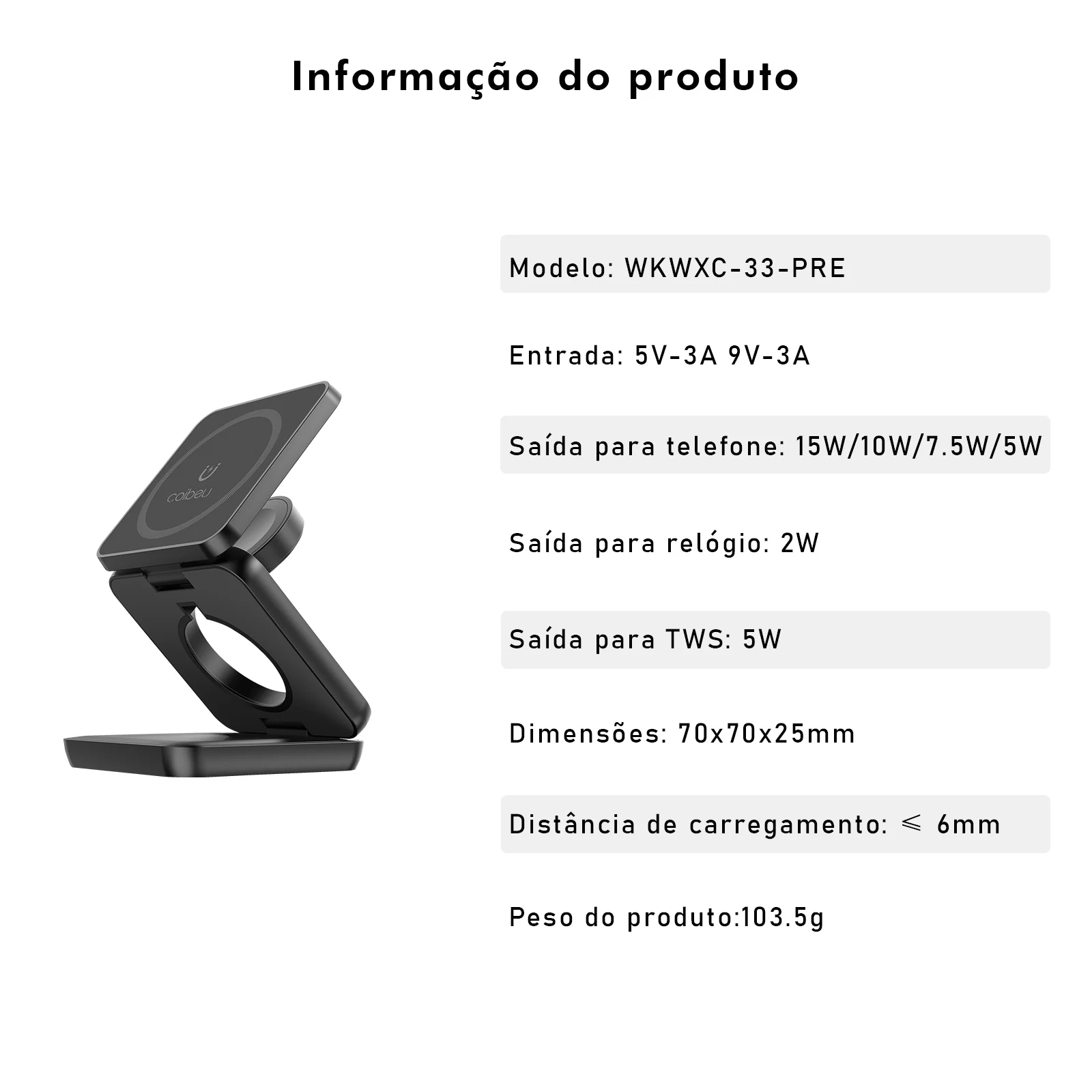 Carregador Sem Fio Magnético 3 em 1 COIBEU Informações