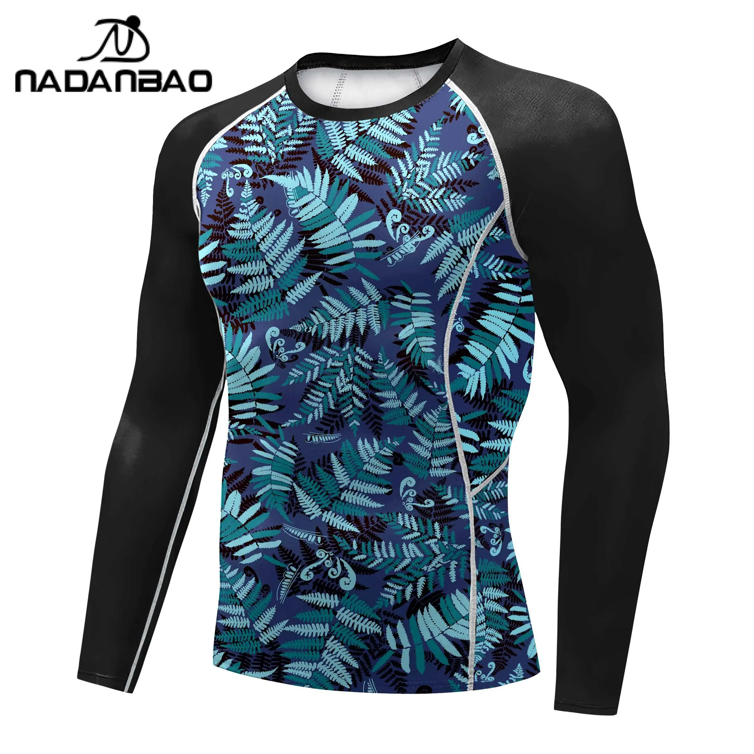 Nadanbao Men's Swimwear Gym Top Blue Water Printing Swimsuits Party Long Sleeve Beachwear Summer Fitness T-Shirt Surfing Clothes
