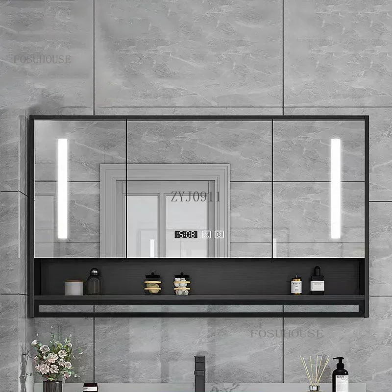 Solid Wood Bathroom Mirror Cabinet Homestay Hotel Wall-mounted Smart Cabinets Apartment Storage Shelf with Vanity Mirror p