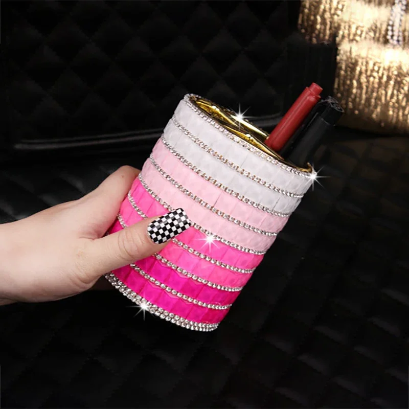 Rhinestones Pencil Storage Box Bling Diamond Pen Holder Beauty Brush Storage Bucket Desktop Makeup Organizer Office Supplies 2
