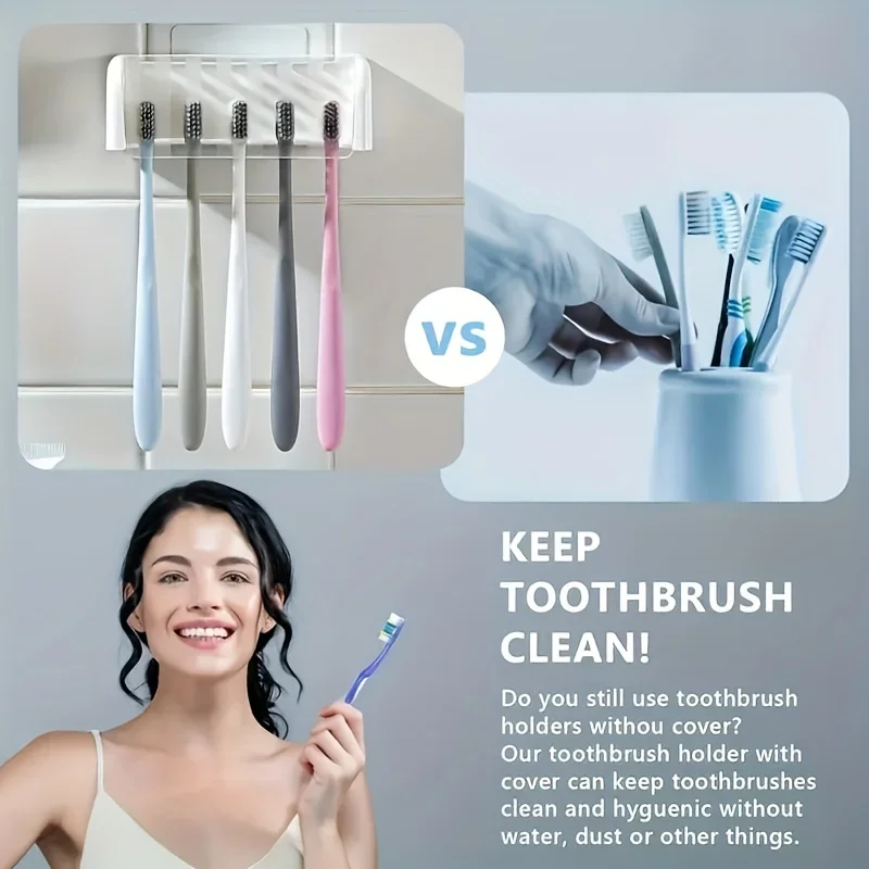 Wall-Mounted Toothbrush Holder 5-slot Hygiene Lid Space-saving Storage Busy Bathrooms Durable Attractive