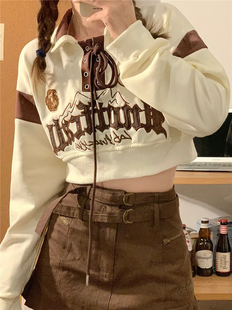 Short Long Sleeve Sweater Women's Autumn New American Letter Embroidery Design Women Sweatshirt Top