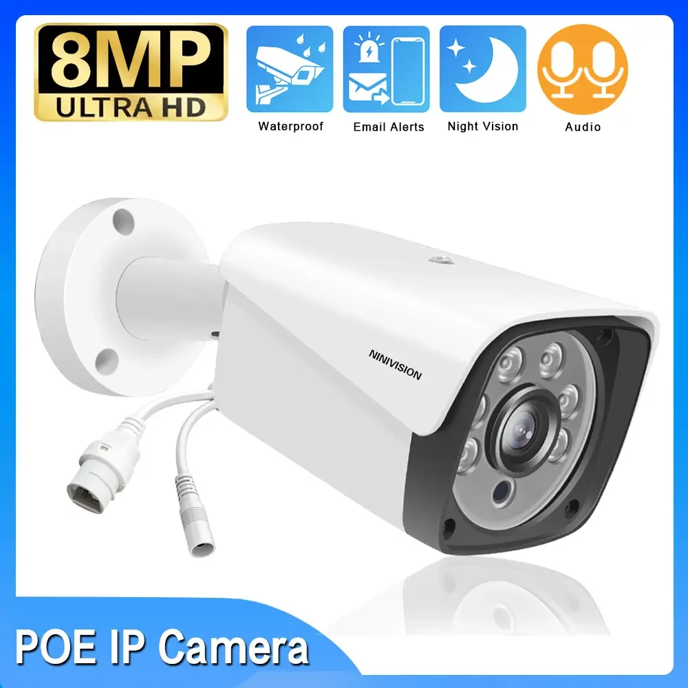 4K 8MP HD Outdoor POE IP Camera Metal Bullet Audio Email Alert IP66 Waterproof Video Surveillance IP Camera Infrare Night Vision