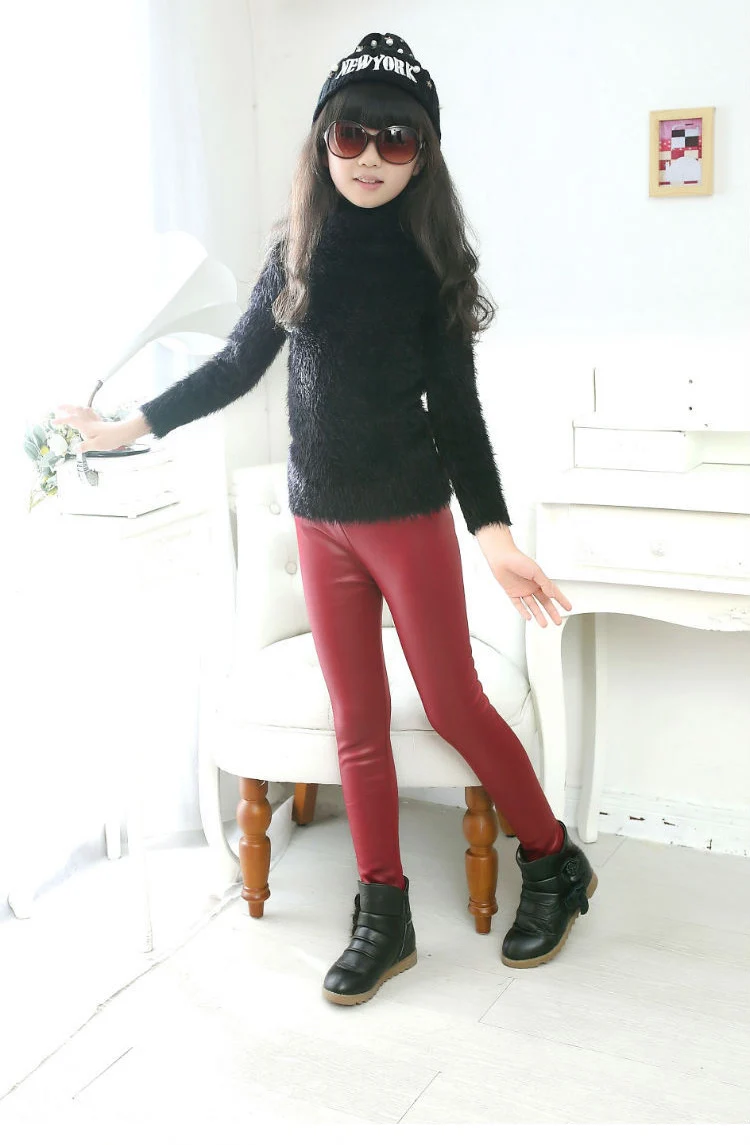 Frühling/Herbst Neue Kinder Mädchen Casual Solide Wilde Leggings Hosen Faux Pu Leder Mode Dünne Hosen Für 3-12Y kinder Kleidung – Detail 9