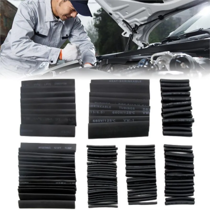 127pcs Black 7 Sizes Assorted Bagged Flame-Retardant Heat Shrinkable Tube Combination Sets Car Accessories