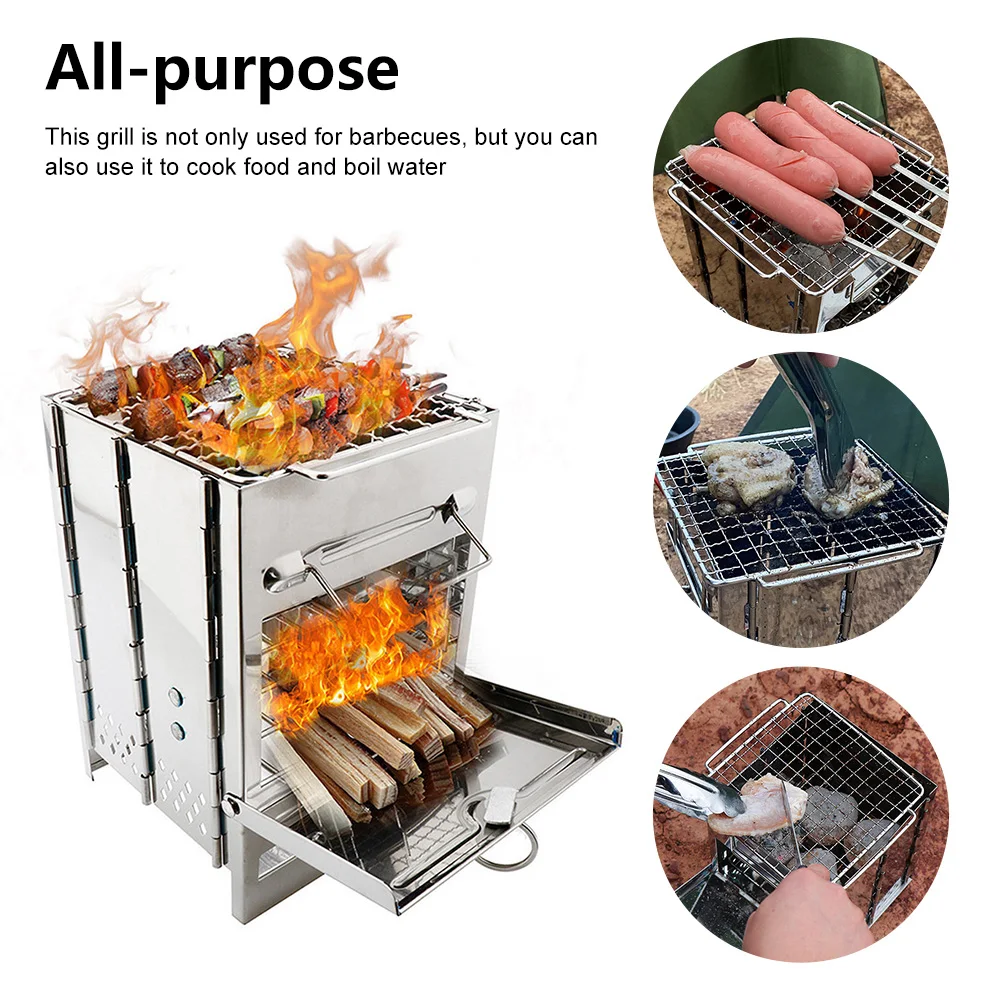 

Camping Wood Stove Portable Folding Wood Burner Blowpipe Kit Mini BBQ Grill w Carry Bag Backpacking Hiking Tourist Stove