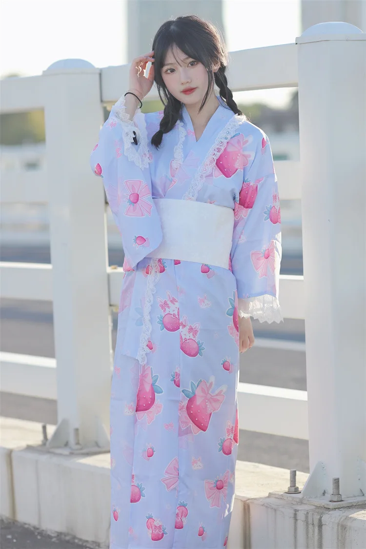 Strawberry Print Cute Women's Japanese Kimono Dress & Waist